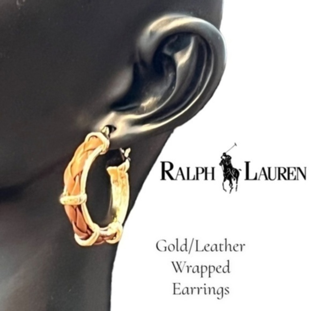 RALPH LAUREN Braided-Leather-Accented Gold 0.75” Hoop Earrings